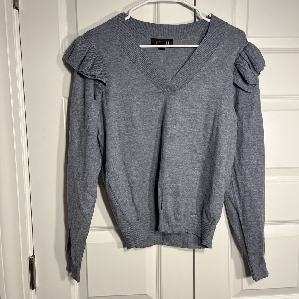 Truth by Republic Women Ruffle Shoulder Knit Sweater  Blue V-Neck Size L